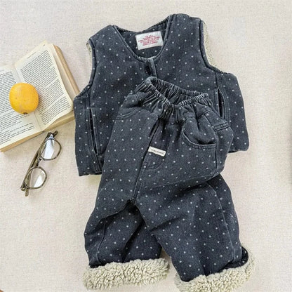 ノースリーブセットアップ Black / 12M  80CM キッズセットアップ 2点セット デニム/水玉ドットプリント裏ファーフリースベスト+ロングパンツ【mh0007932】