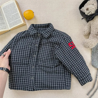 ショートコート・ジャケット・ジャンパー Black / 12M  80CM キッズアウター デニム/チェックレターロゴプリントパデッド襟付きジャケットコート【mh0007927】