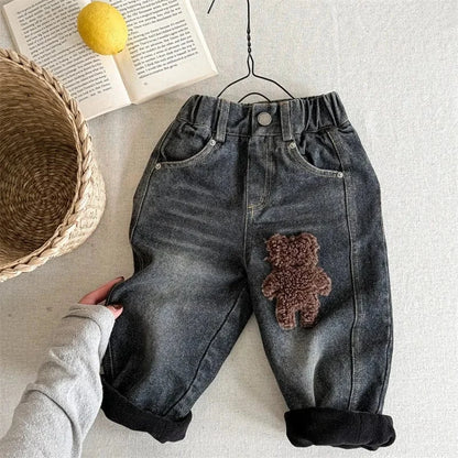 デニムパンツ Black / 12M  80CM キッズパンツ うさぎ/くまアップリケ裏フリースデニムパンツジーンズ【mh0007933】