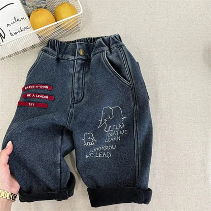 デニムパンツ Black / 12M  80CM キッズパンツ 象エレファント刺繍裏フリースデニムパンツジーンズ【mh0007959】