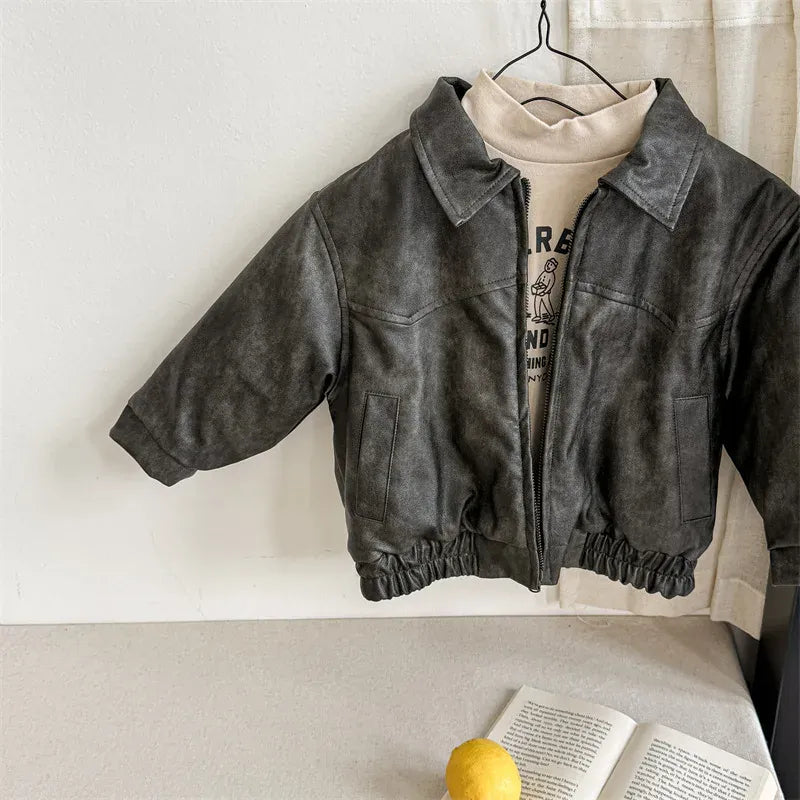 ショートコート・ジャケット・ジャンパー Black / 12M  80CM キッズアウター フェイクレザー襟付きジップアップブルゾンジャケット【mh0008193】