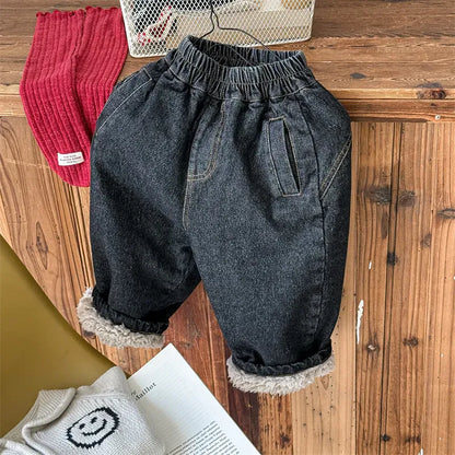 デニムパンツ Black / 12M  80CM キッズパンツ 裏ボアフリースルーズロングデニムパンツジーンズ【mh0008286】