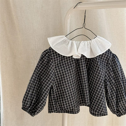 長袖シャツ・ブラウス Black / 80cm キッズトップス ラッフル襟チェック長袖ブラウス【mh-0008975】