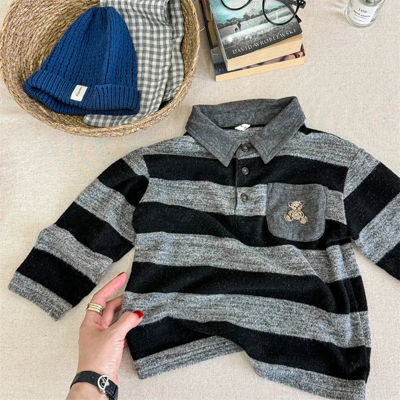 長袖シャツ・ブラウス Black Gray / 12M  80CM キッズトップス ボーダー 長袖ポロシャツ くまベア刺繍 2カラー【mh0006602】