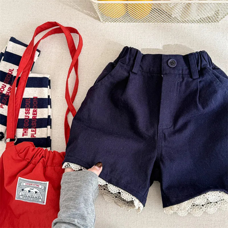 ハーフパンツ・ショートパンツ Blue / 12M (80) キッズパンツ フラワー/無地裾レースハーフパンツ【mh0008649】