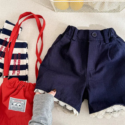 ハーフパンツ・ショートパンツ Blue / 12M (80) キッズパンツ フラワー/無地裾レースハーフパンツ【mh0008649】