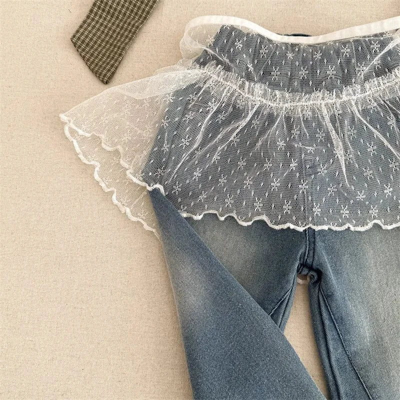 デニムパンツ Blue / 12M (80) キッズパンツ レースエプロン+ルーズロングデニムパンツセット【mh0008661】