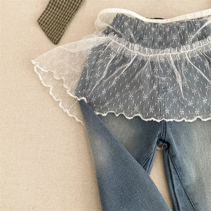 デニムパンツ Blue / 12M (80) キッズパンツ レースエプロン+ルーズロングデニムパンツセット【mh0008661】