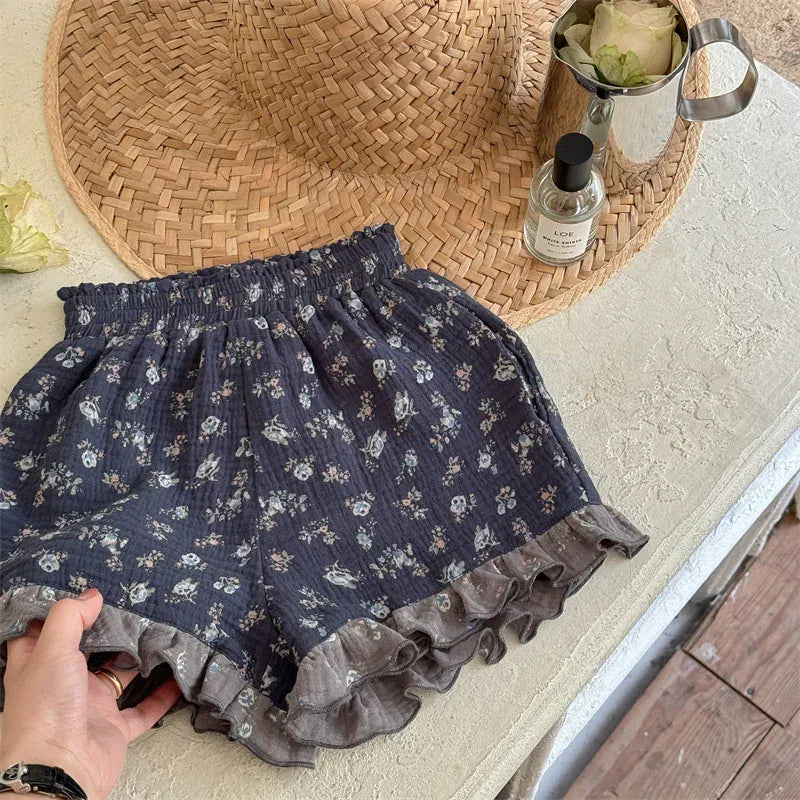 ハーフパンツ・ショートパンツ Blue / 12M  80CM キッズパンツ フリルショートパンツ フラワー小花柄プリント レトロ 2カラー【mh0005432】