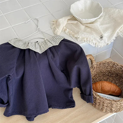 長袖シャツ・ブラウス Blue / 12M  80CM キッズトップス ストライプサークル襟 長袖ブラウス シャツ 2カラー【mh0006584】