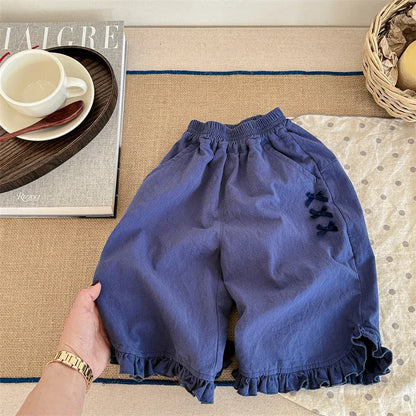 ロングパンツ・スウェットパンツ Blue / 12M  80CM キッズパンツ 裾フリルワイドルーズクロップドパンツ 2カラー【mh0006851】