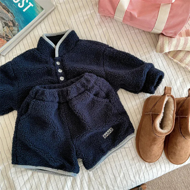 長袖セットアップ Blue / 12M  80CM キッズセットアップ 2点セット スタンドカラーボアフリーススウェットシャツ+ショートパンツ【mh0007766】