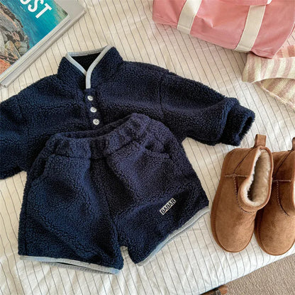 長袖セットアップ Blue / 12M  80CM キッズセットアップ 2点セット スタンドカラーボアフリーススウェットシャツ+ショートパンツ【mh0007766】