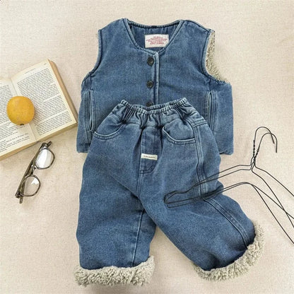 ノースリーブセットアップ Blue / 12M  80CM キッズセットアップ 2点セット デニム/水玉ドットプリント裏ファーフリースベスト+ロングパンツ【mh0007932】