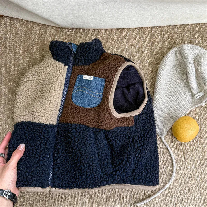 ベスト Blue / 12M  80CM キッズベスト ボアフリースパッチワークジップアップアウターベスト【mh0007931】