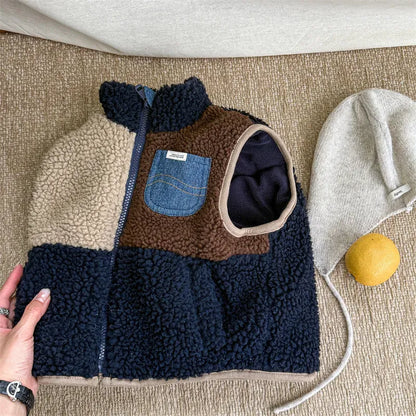 ベスト Blue / 12M  80CM キッズベスト ボアフリースパッチワークジップアップアウターベスト【mh0007931】