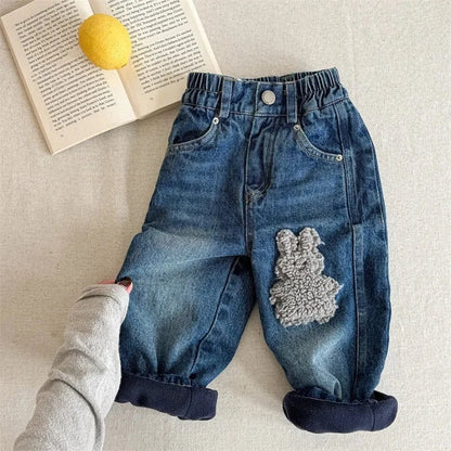 デニムパンツ Blue / 12M  80CM キッズパンツ うさぎ/くまアップリケ裏フリースデニムパンツジーンズ【mh0007933】