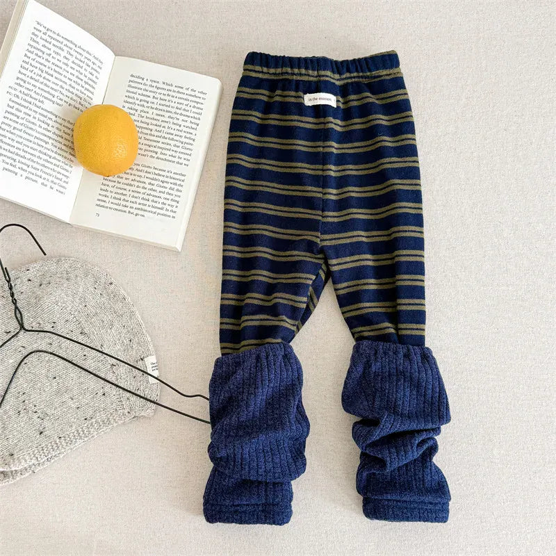 レギンスパンツ Blue / 12M  80CM キッズパンツ リブレッグウォーマードッキングボーダー裏フリースレギンスパンツ【mh0007946】