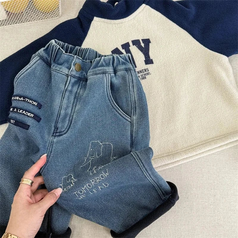 デニムパンツ Blue / 12M  80CM キッズパンツ 象エレファント刺繍裏フリースデニムパンツジーンズ【mh0007959】