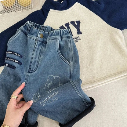 デニムパンツ Blue / 12M  80CM キッズパンツ 象エレファント刺繍裏フリースデニムパンツジーンズ【mh0007959】