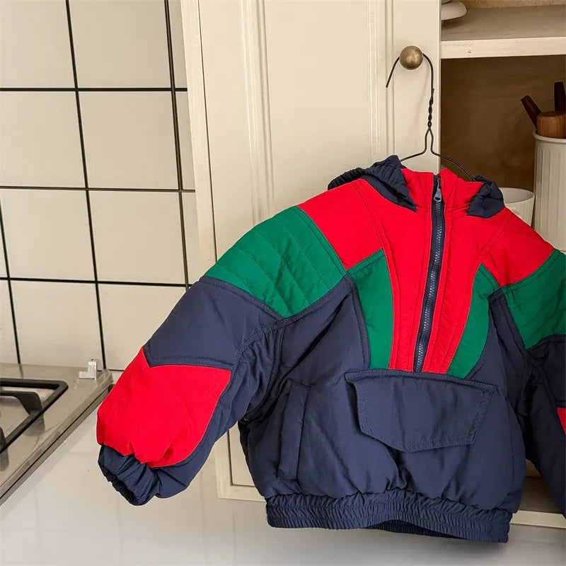 ショートコート・ジャケット・ジャンパー Blue / 12M  80CM キッズアウター パッチワークフーディハーフジップパデッドパーカージャケット【mh0008071】