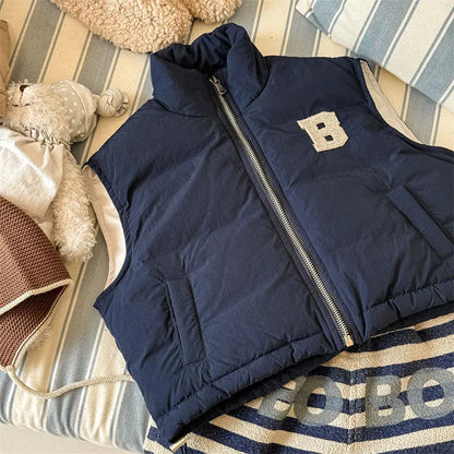 ベスト Blue / 12M  80CM キッズベスト ワッペンアップリケパデッドジップアップアウターベスト【mh0008284】