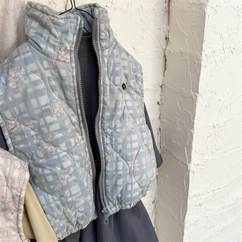 ベスト Blue / 12M  80CM キッズベスト フラワーチェックプリントジップアップアウターベスト【mh0008285】