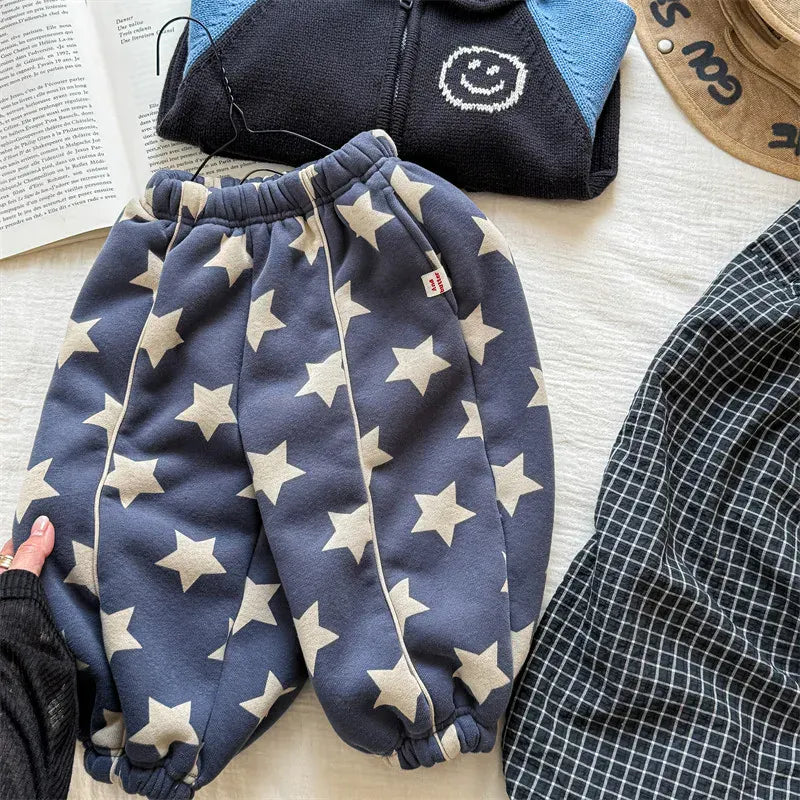 ロングパンツ・スウェットパンツ Blue / 12M  80CM キッズパンツ 星スタープリント裏フリースロングルーズスウェットパンツ【mh0008288】