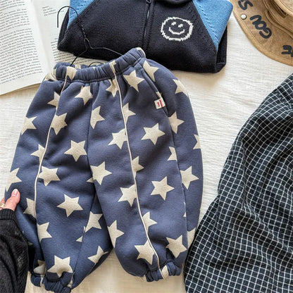 ロングパンツ・スウェットパンツ Blue / 12M  80CM キッズパンツ 星スタープリント裏フリースロングルーズスウェットパンツ【mh0008288】