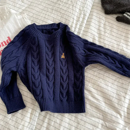 ニット・セーター Blue / 12M  80CM キッズトップス アランニットケーブル編みベアくま刺繍長袖セーター【mh0008454】