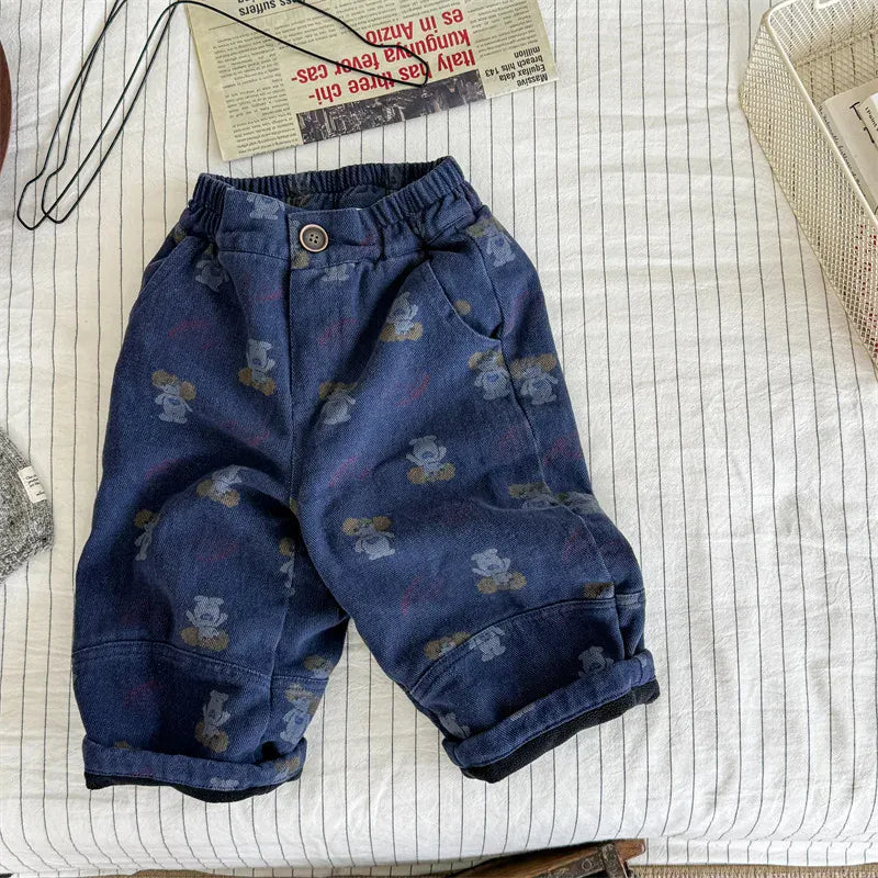 ロングパンツ・スウェットパンツ Blue / 12M  80CM キッズパンツ 犬ドッグプリント裏フリースロングルーズパンツ【mh0008463】