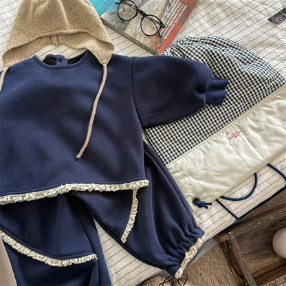 長袖セットアップ Blue / 3T  100CM キッズセットアップ 2点セット フリルアクセント裏フリース長袖スウェットシャツ+ロングスウェットパンツ【mh0007765】