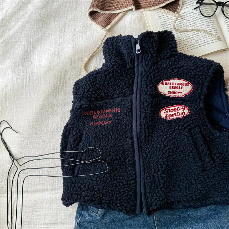 ベスト Blue / 80cm 9-12M キッズベスト 刺繍ワッペンジップアップボアフリースアウターベスト 2カラー【mh0007549】