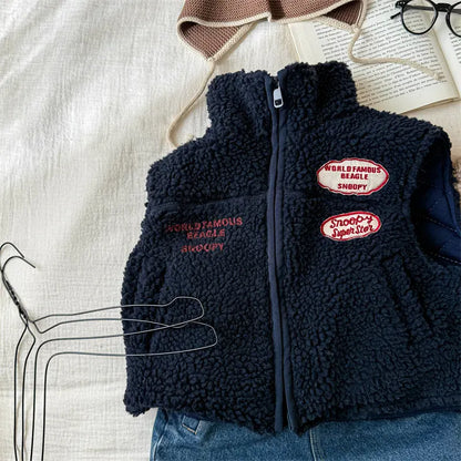 ベスト Blue / 80cm 9-12M キッズベスト 刺繍ワッペンジップアップボアフリースアウターベスト 2カラー【mh0007549】