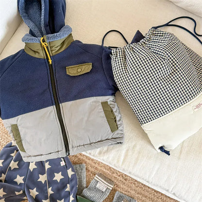 ショートコート・ジャケット・ジャンパー Blue / 80cm 9-12M キッズアウター パッチワークボアフリースフーディジップアップブルゾンジャケット【mh0007664】