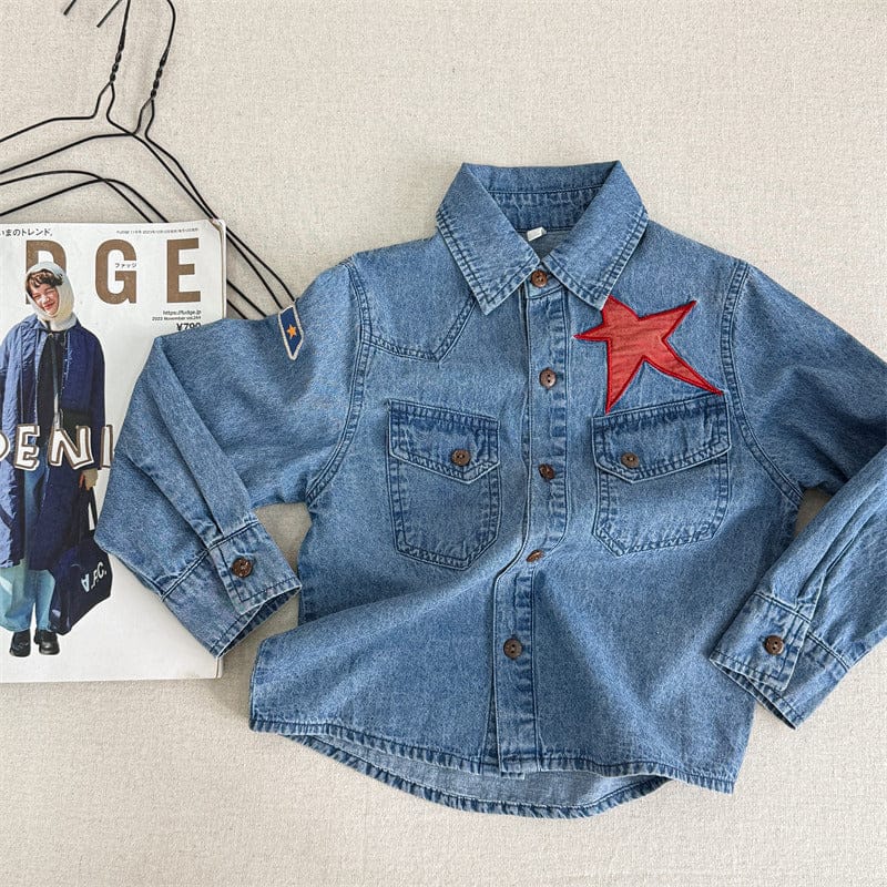 長袖シャツ・ブラウス Blue / 80cm キッズトップス 星スター刺繍ストライプ/デニム長袖シャツ【mh0009001】