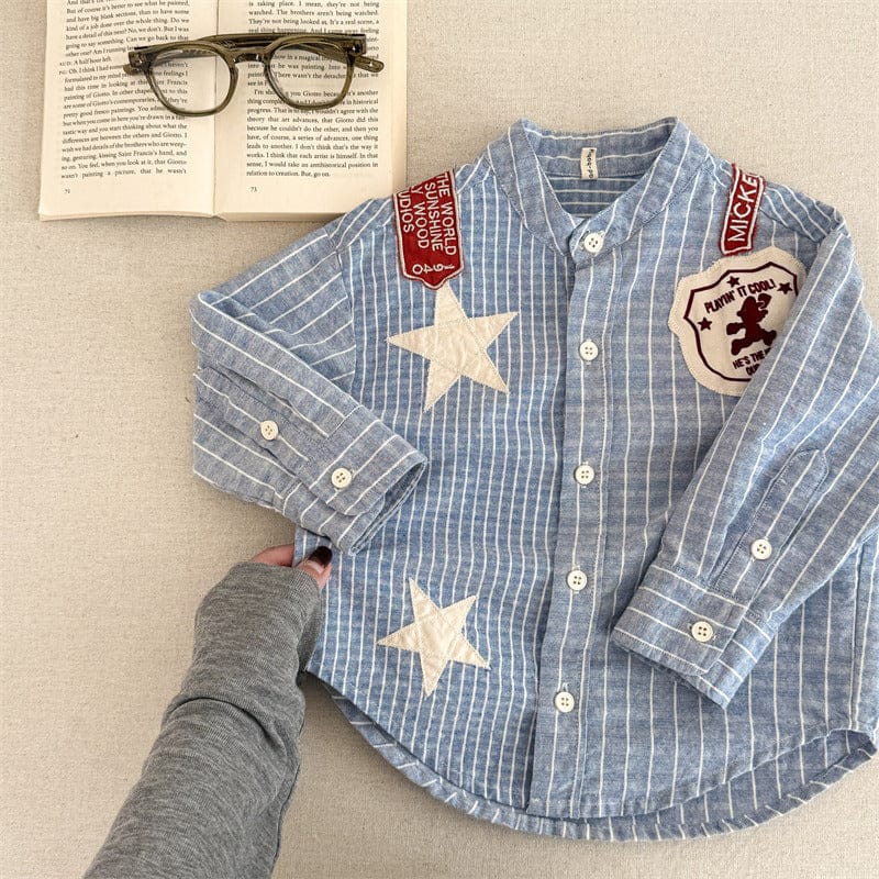 長袖シャツ・ブラウス Blue / 80cm キッズトップス チェックノーカラーウェスタンパッチワーク長袖シャツ【mh0009016】