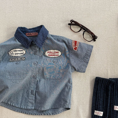 半袖シャツ・ブラウス Blue / 80cm ワッペン半袖ダイナーシャツ【mh0009395】