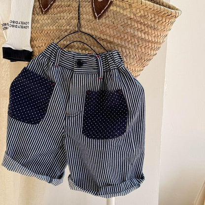 ハーフパンツ・ショートパンツ Blue / 80cm ストライプパッチワークショートパンツ【mh0009549】