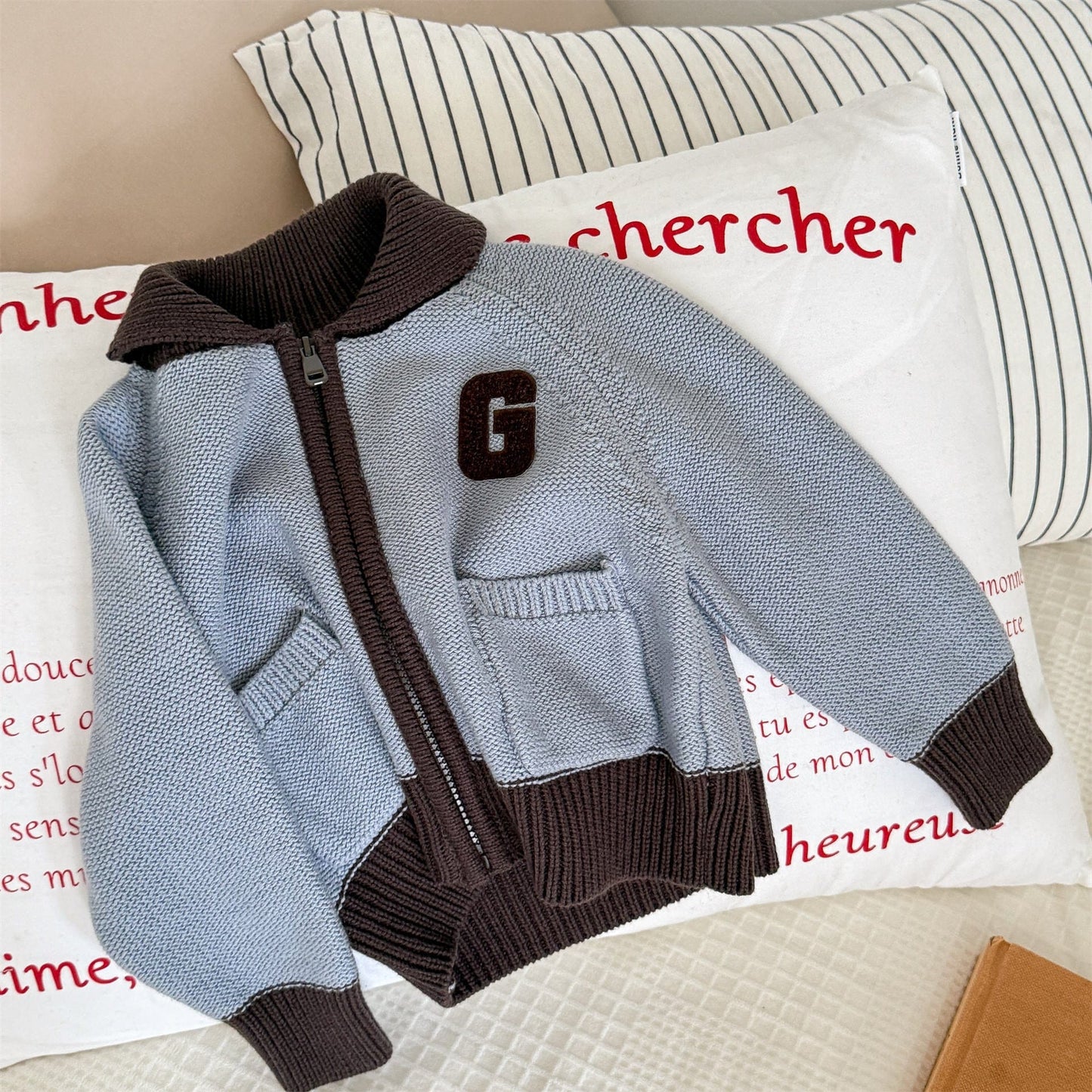 カーディガン・パーカー Blue / 80cm ワッペン付きジップアップニットカーディガンセーター【mh0010903】