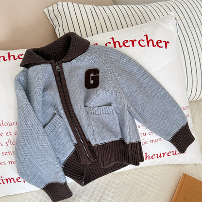 カーディガン・パーカー Blue / 80cm ワッペン付きジップアップニットカーディガンセーター【mh0010903】