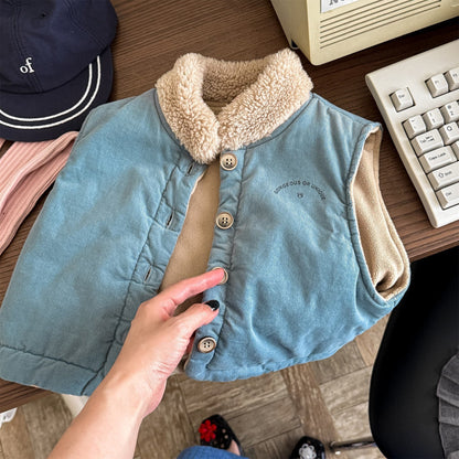 ベスト Blue / 80cm ボア襟コーデュロイキルティングベスト刺繍入りアウター【mh0010915】