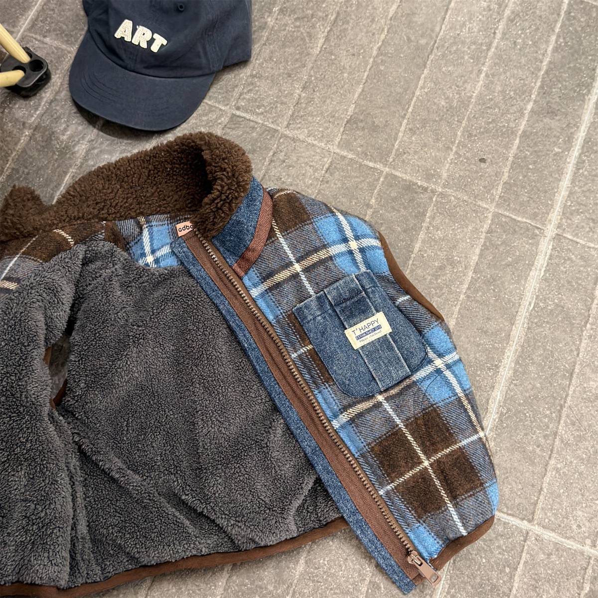 ベスト Blue / 80cm チェック柄ベスト 裏ボア デニムポケット 中綿入り アウター【mh0011418】