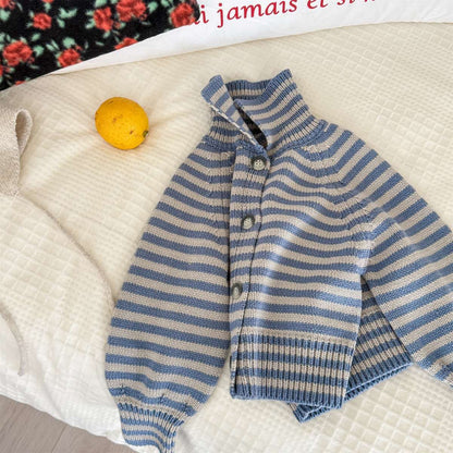 カーディガン・パーカー Blue / 80cm ボーダーニットカーディガン 襟付き 長袖 ボタン開閉 トップス【mh0011431】