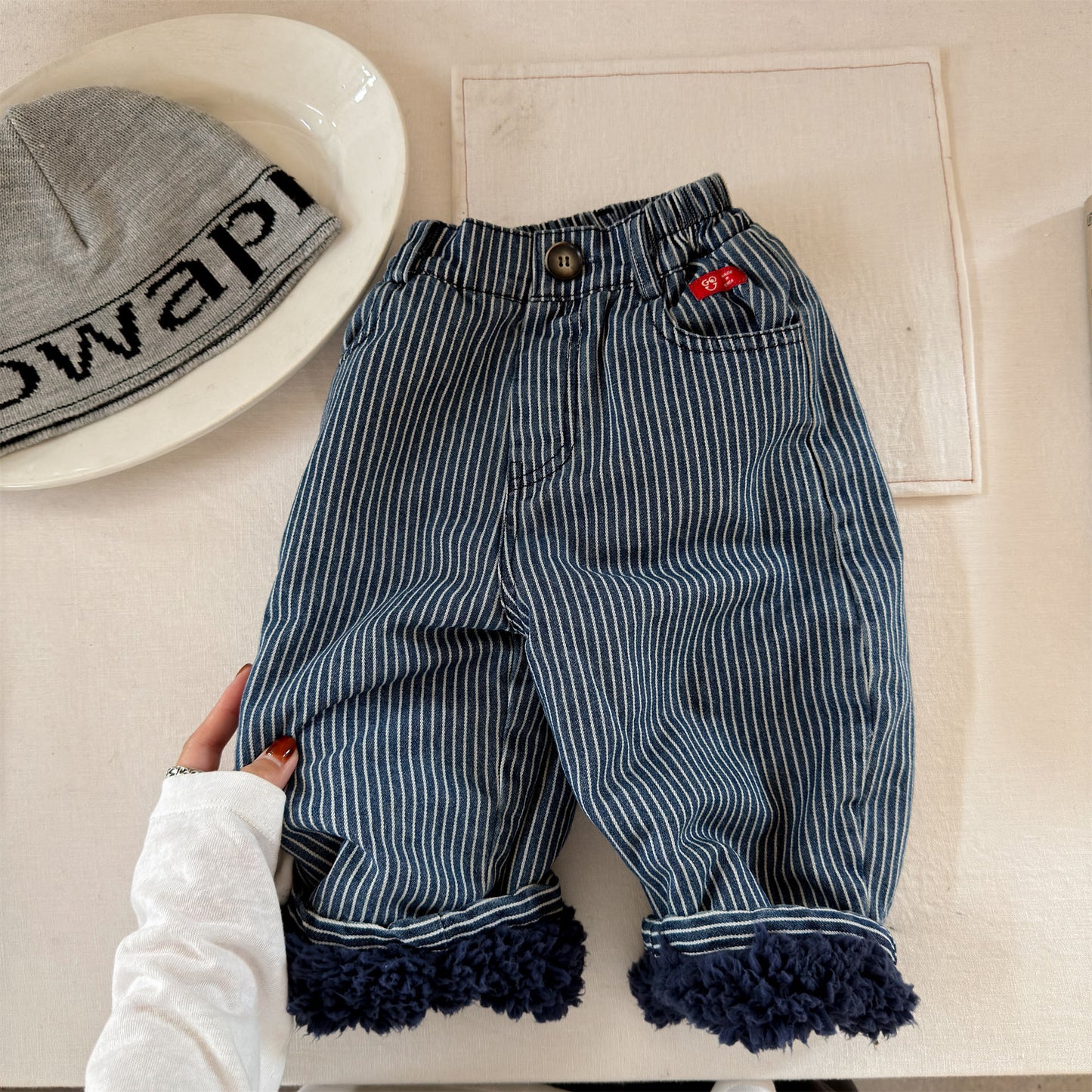 デニムパンツ Blue / 80cm 裏ボアデニムパンツ ストライプ 暖パン ジーンズ【mh0011914】