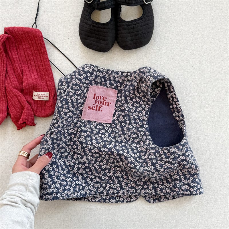 ベスト Blue floral / 80cm キッズベスト ストライプ/フラワープリントバックロゴレトロジレベスト【mh-0008973】