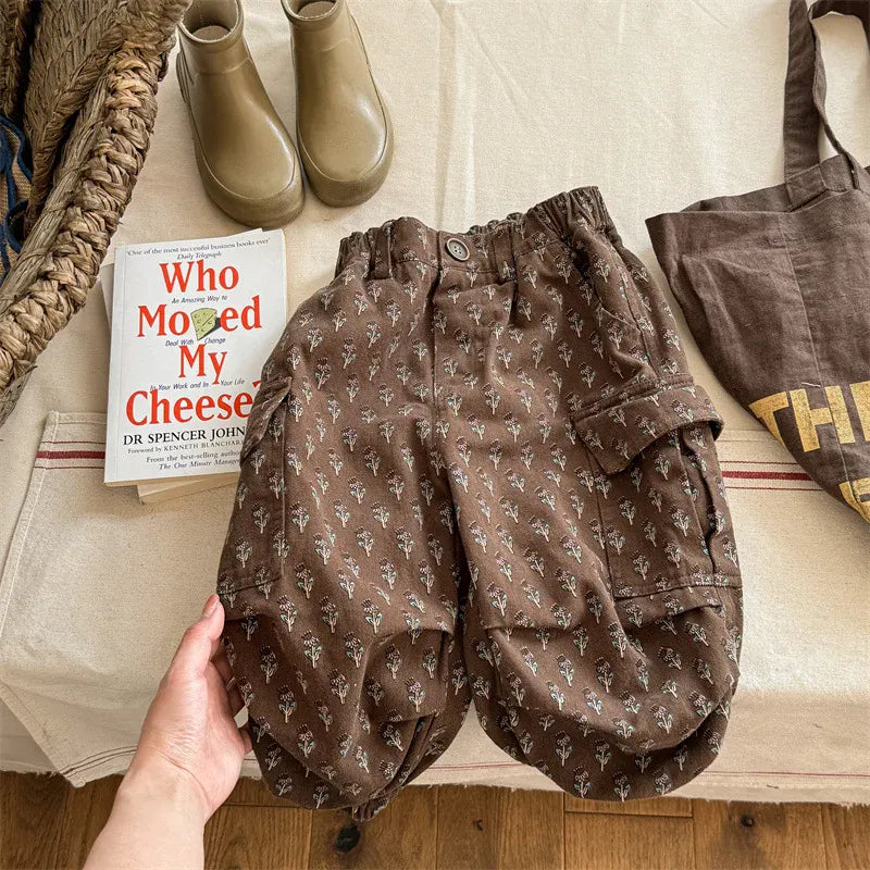 ロングパンツ・スウェットパンツ Brown / 12M  80CM キッズパンツ フラワー花柄プリント カーゴパンツ 2カラー【mh0006587】