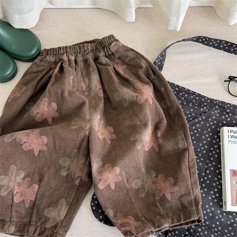 ロングパンツ・スウェットパンツ Brown / 12M  80CM キッズパンツ ルーズワイドロングパンツ レトロフラワープリント 2カラー【mh0006627】
