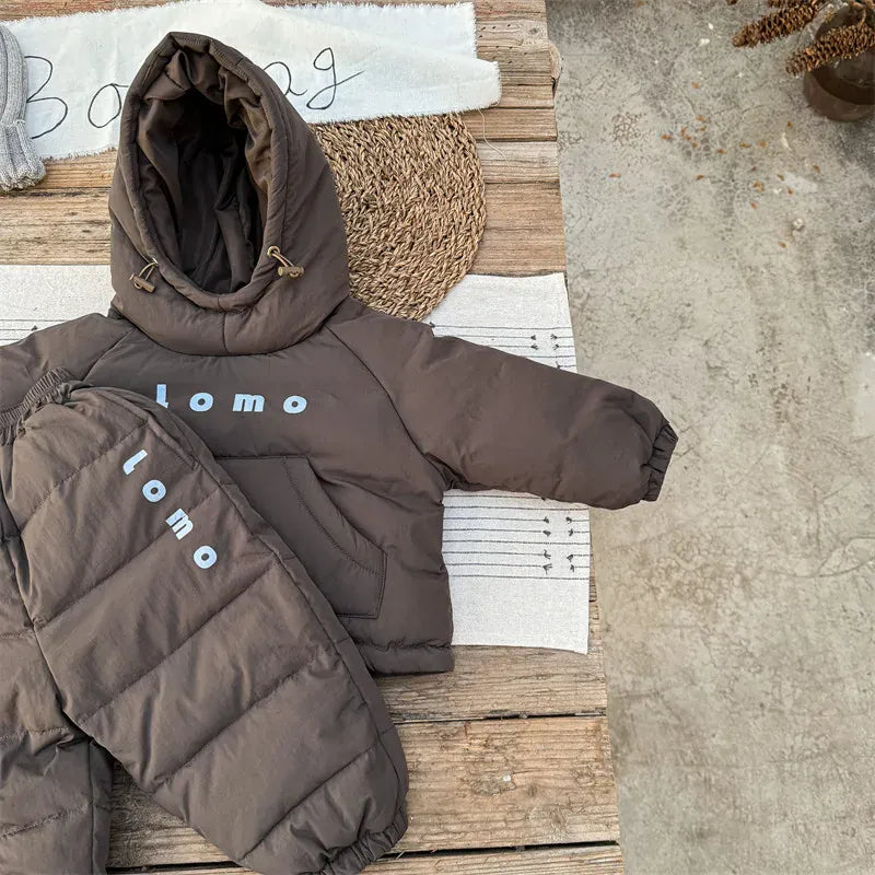 長袖セットアップ Brown / 12M  80CM キッズセットアップ 2点セット ダウンフーディプルオーバー+防寒ロングパンツ【mh0008320】