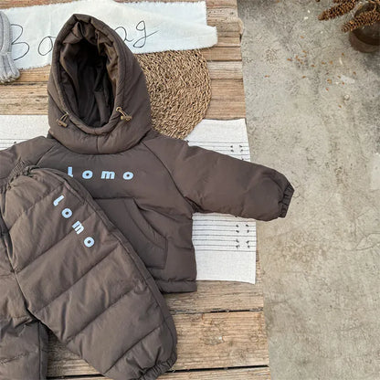 長袖セットアップ Brown / 12M  80CM キッズセットアップ 2点セット ダウンフーディプルオーバー+防寒ロングパンツ【mh0008320】